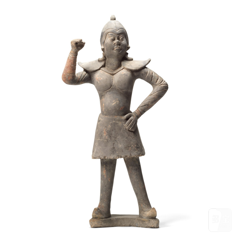 六朝 灰武士俑 | A LARGE GREY POTTERY FIGURE OF A SOLDIER